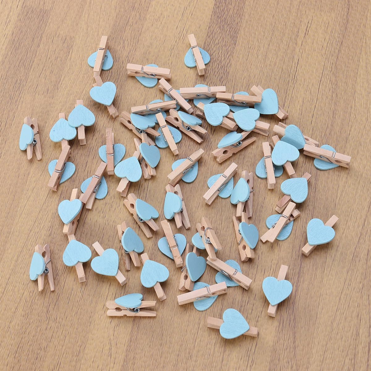 50pcs Mini Wooden Clips Clothespins Crafts Clips with Hearts for Wedding Party Valentines Day Decoration Blue