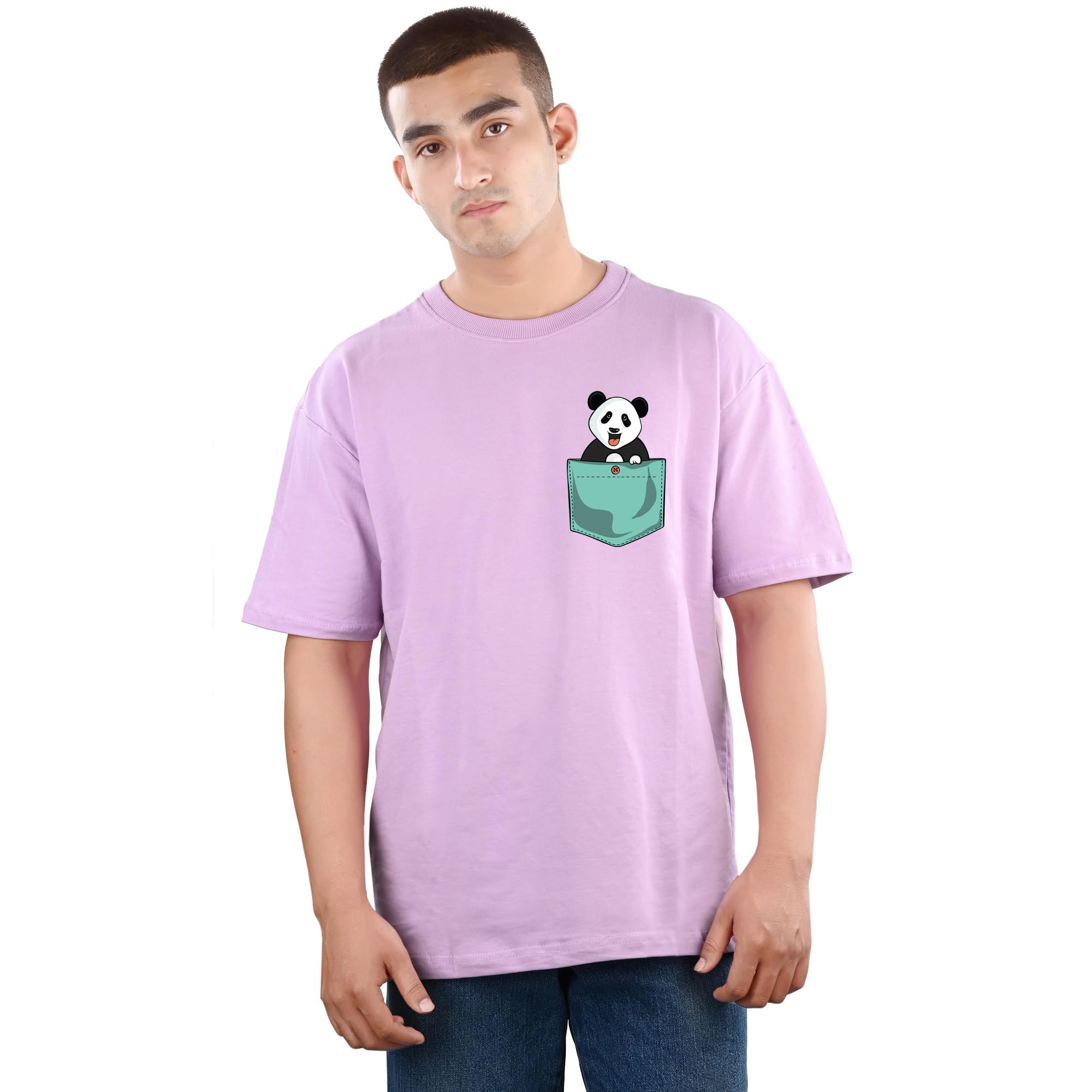 MyTees Oversized T Shirts for Men, Pocket Panda Printed Round Neck Half Sleeves Casual Loose Baggy Tees Drop Shoulder Tshirt for Boys