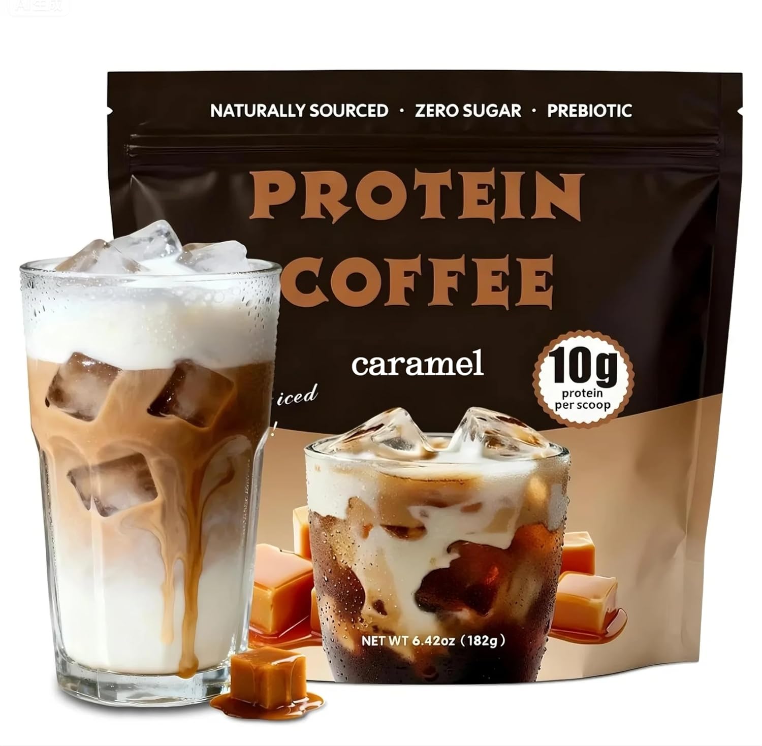 French Vanilla Protein Iced Coffee Powder – Premium Whey Protein & 100% Natural Cold Brew Coffee, Low Carb, Zero Sugar, No Artificial Flavors - Instant Iced Coffees,Energy & Immunity,10 Servings-182g