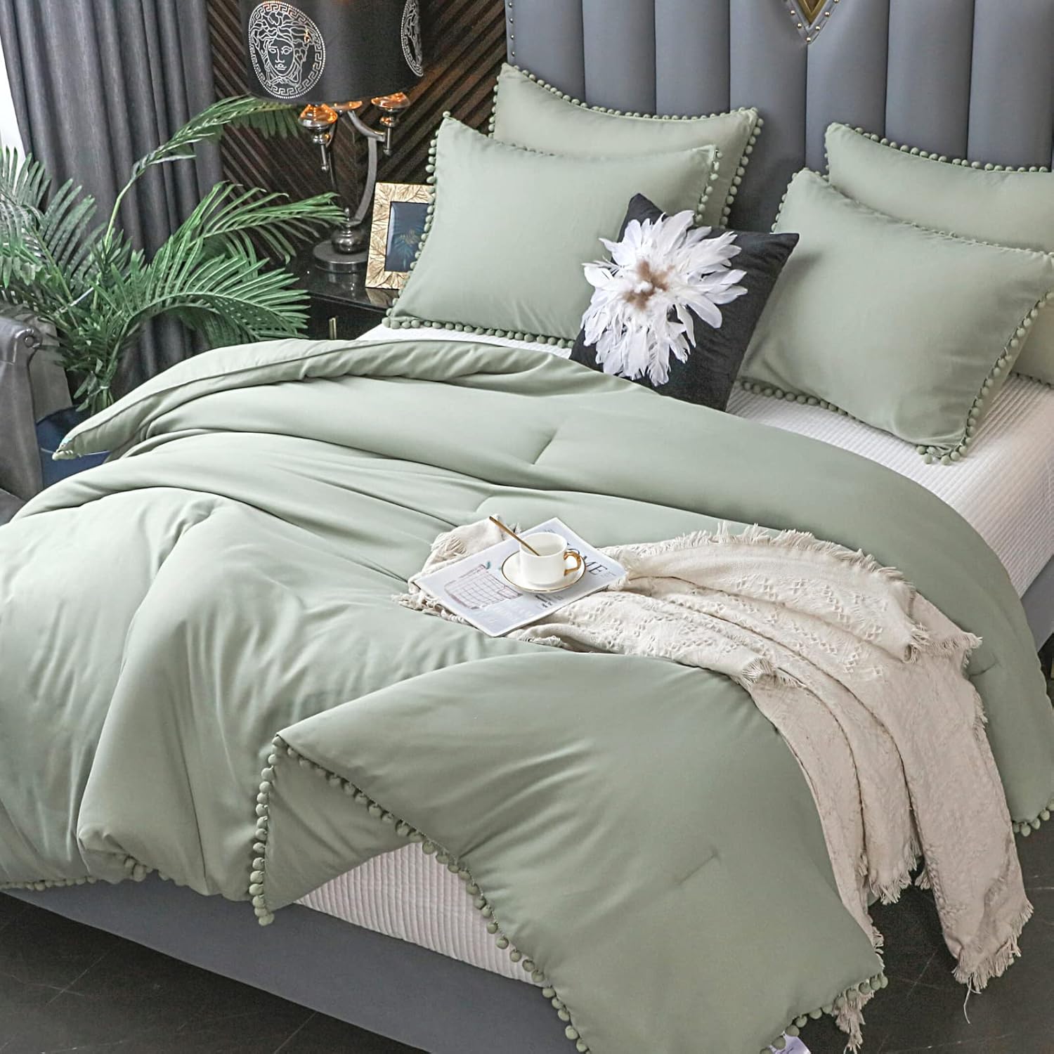 Haowaner Soft Sage Green Comforter Set Queen With Pom Ball