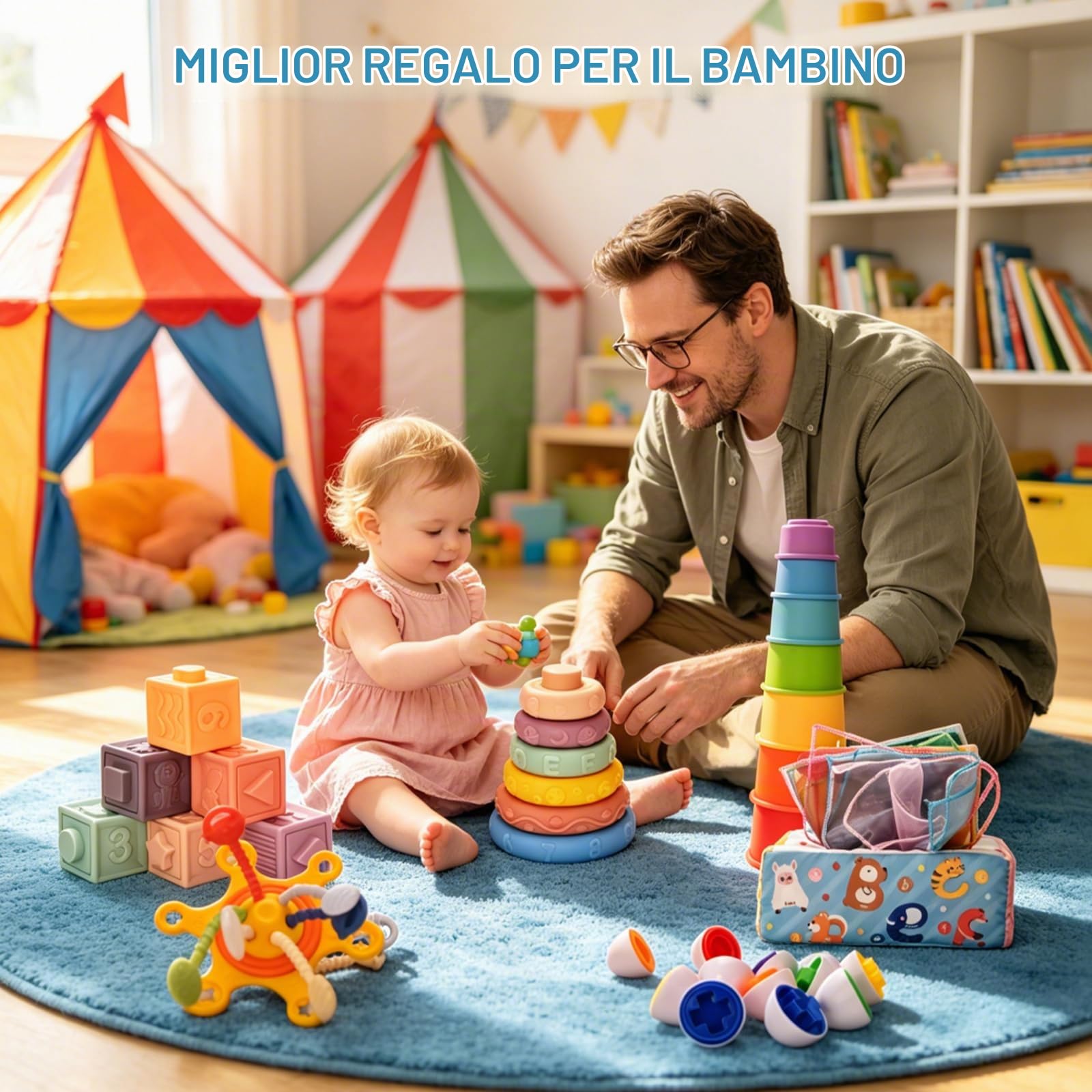 Montessori Giocattolo per bambini per mesi, giocattolo 6 in 1 per abilità motorie a partire dai mesi, sviluppo di blocchi sensoriali impilabili, scatola di fazzoletti, giocattolo educativo