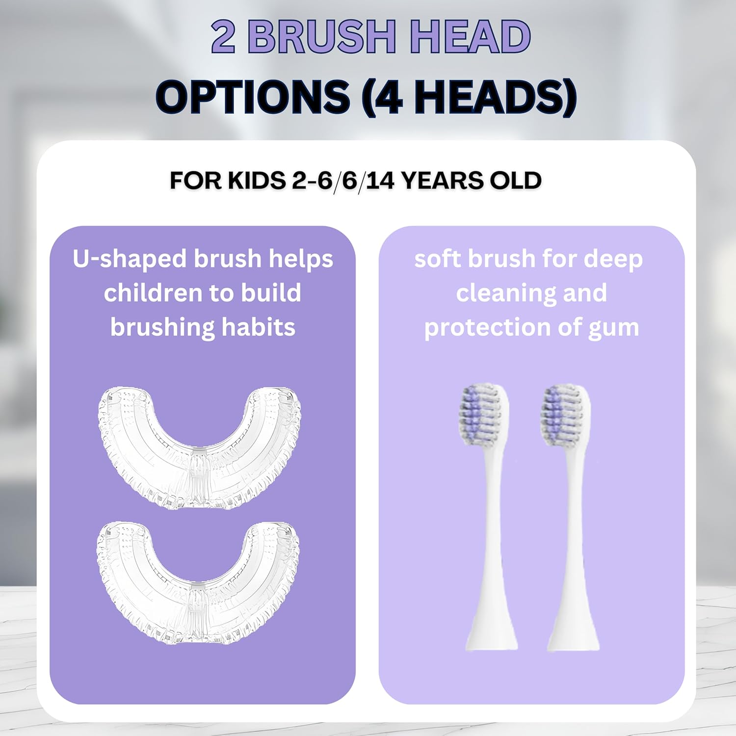 Kids U Shaped Electric Toothbrush with 4 Brush Heads, 6 Cleaning Modes, Kids Electric Toothbrush with 60s Smart reminder, Cartoon Unicorn 360-Degree Cleaning IPX7 Waterproof Design, (Purple, 2-6)