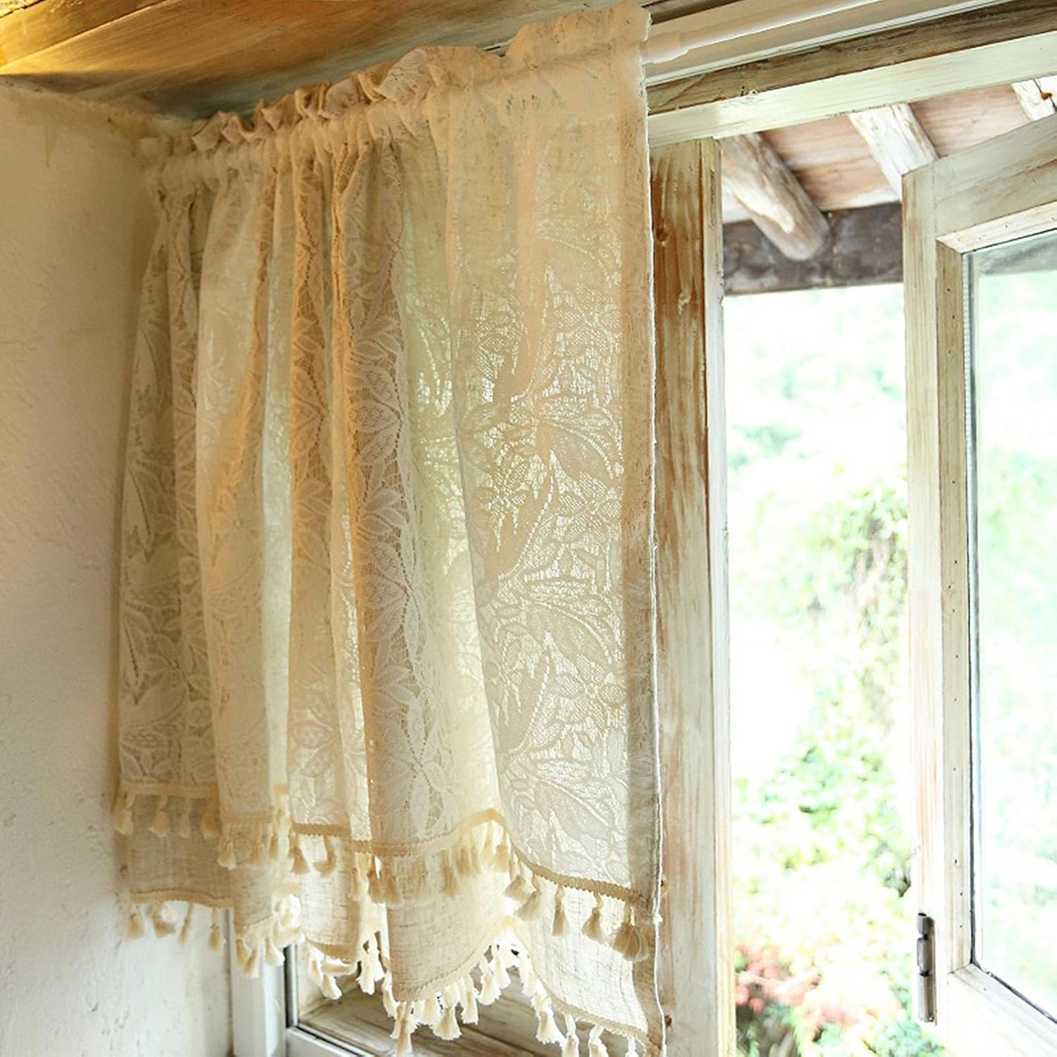 Boho Semi-Sheer Curtain Valance for Kitchen Window Retro Cotton Lace Leaves Pattern Short Curtains Vintage Window Treatment Decor Rod Pocket with Tassel for Bedroom,1 Panel 53"×31"