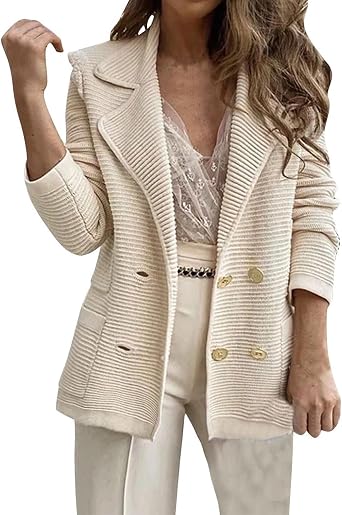 Mmoneyake Fall Jackets for Women Notched Lapel Double Breasted Cardigan Trendy Ribbed Blazer Jacket Open Front Casual Coat