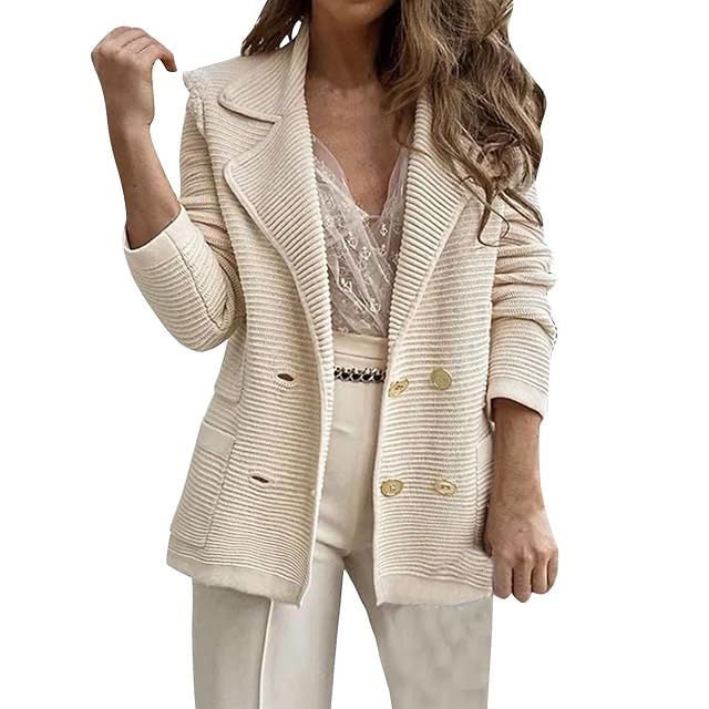 Womens Tweed Suit Jacket Textured Double Breasted Casual Blazer Elegant Solid Color Lapel Long Sleeve Office Blazers