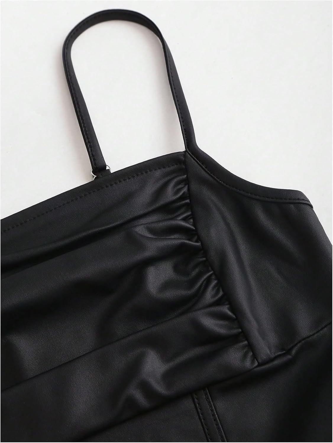 Milumia Women's Ruched Faux Leather Bustier Top Spaghetti Straps Corset Crop Tops - Image 3