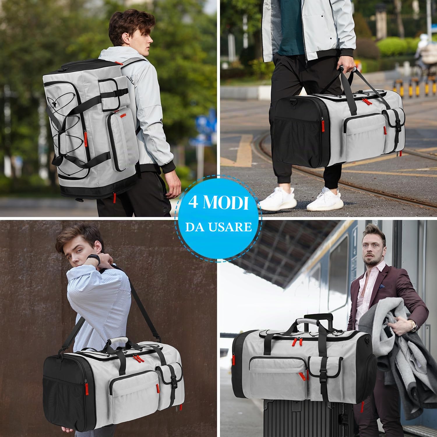 Borsone Palestra Uomo Donna 70L Borsa Sportiva Viaggio Grande con Porta Scarpe e Funzione Zaino per Fitness, Sport, Viaggi, Grigio