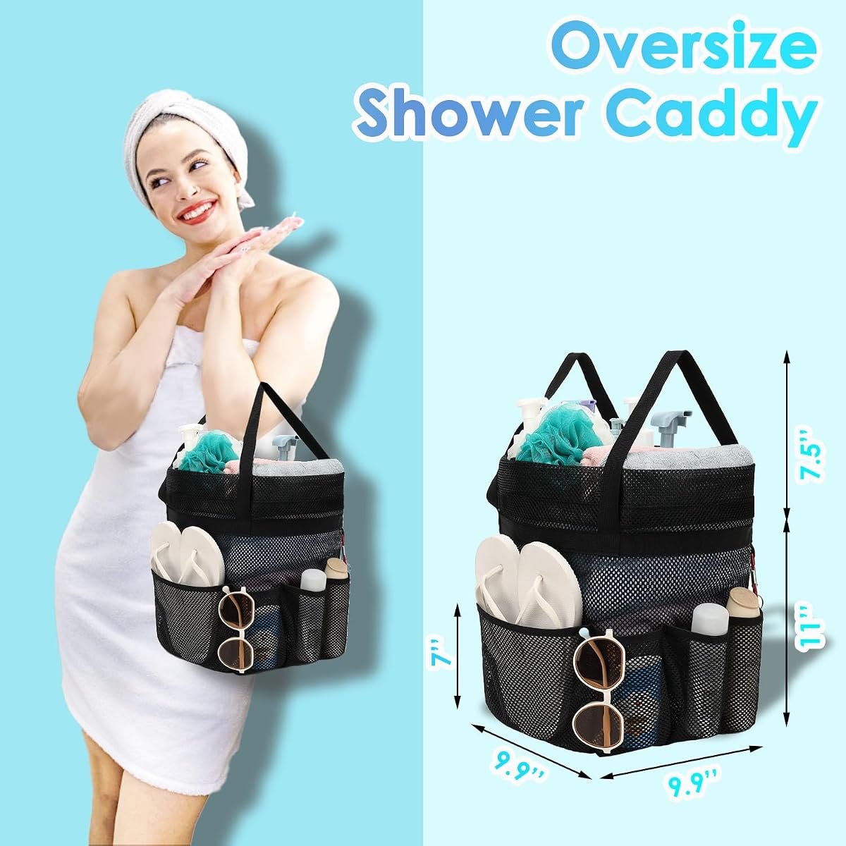 Fammart Mesh Shower Caddy Portable with Drawstring, Dorm Room Essentials for College Girls Guys, 8-Pocket Extra Large Shower Bag Basket Tote for Camping Beach Gym Travel Toiletry Bathroom