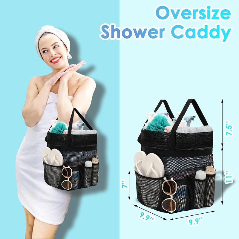 Fammart Mesh Shower Caddy Portable with Drawstring, Dorm Room Essentials for College Girls Guys, 8-Pocket Extra Large Shower Bag Basket Tote for Camping Beach Gym Travel Toiletry Bathroom