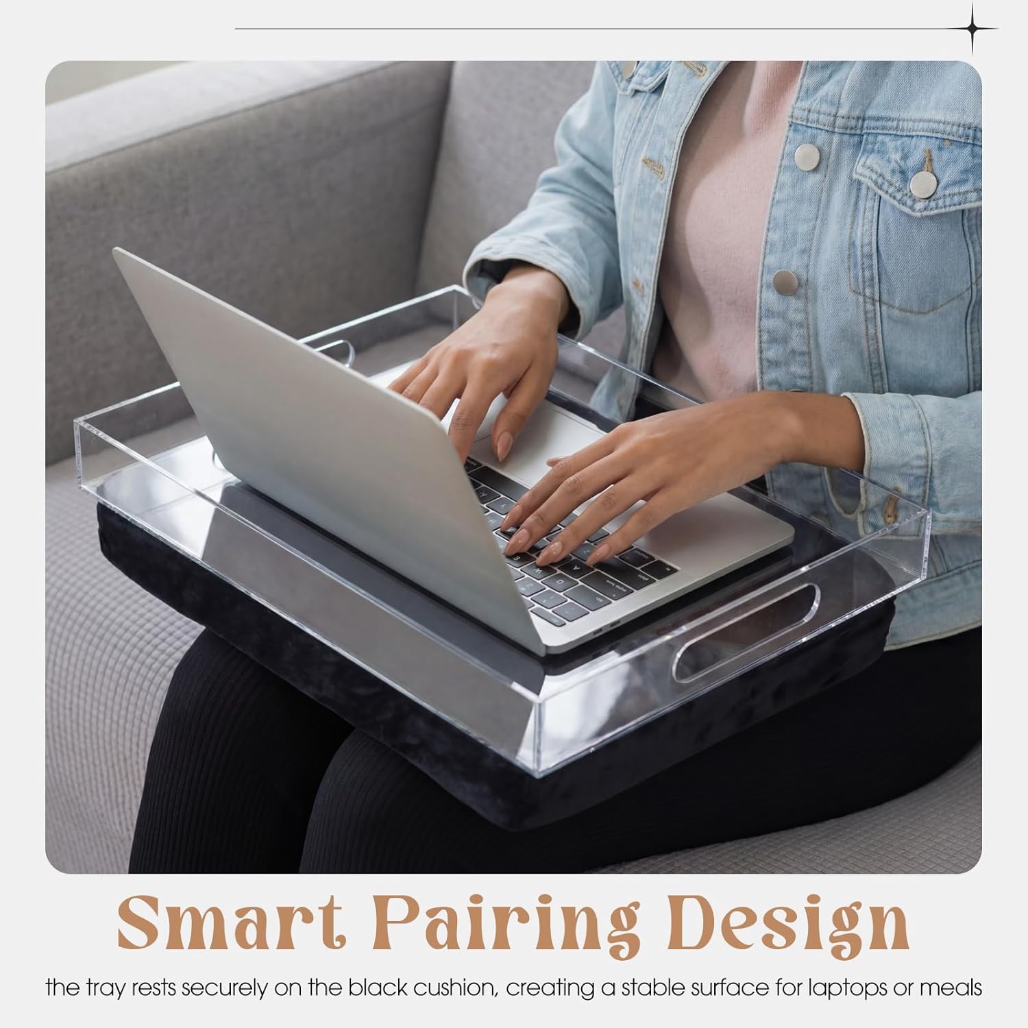 LemonRoad 16.5'' x 13'' Acrylic Lap Tray with Detachable Pillow Clear Lap Desk Cushions with Handles for Bed Couch Eating Breakfast Dinner Laptop Housewarming Gift
