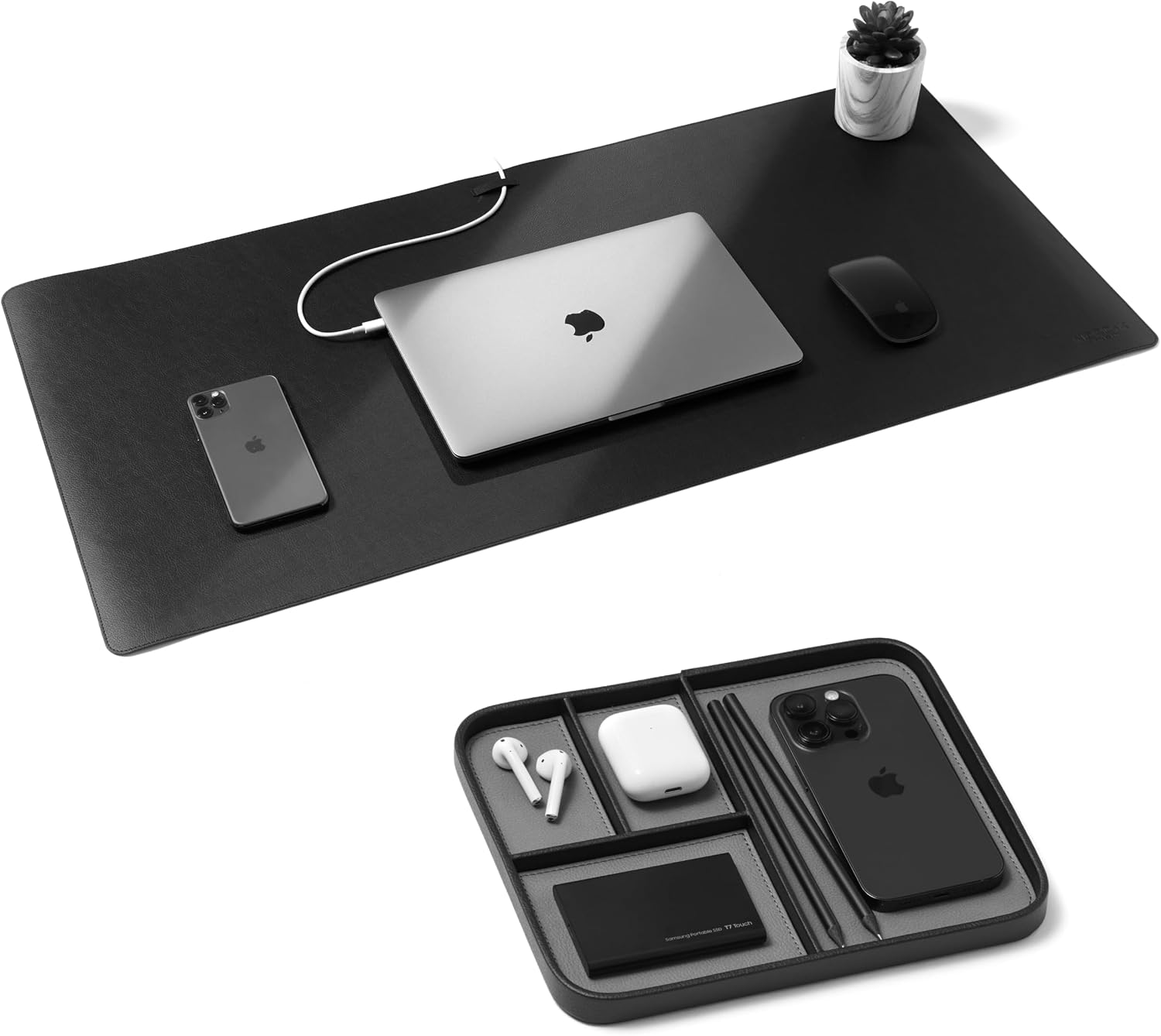 Leather Desk Mat and Valet Tray - Pebble Black - Matte Black Office Setup