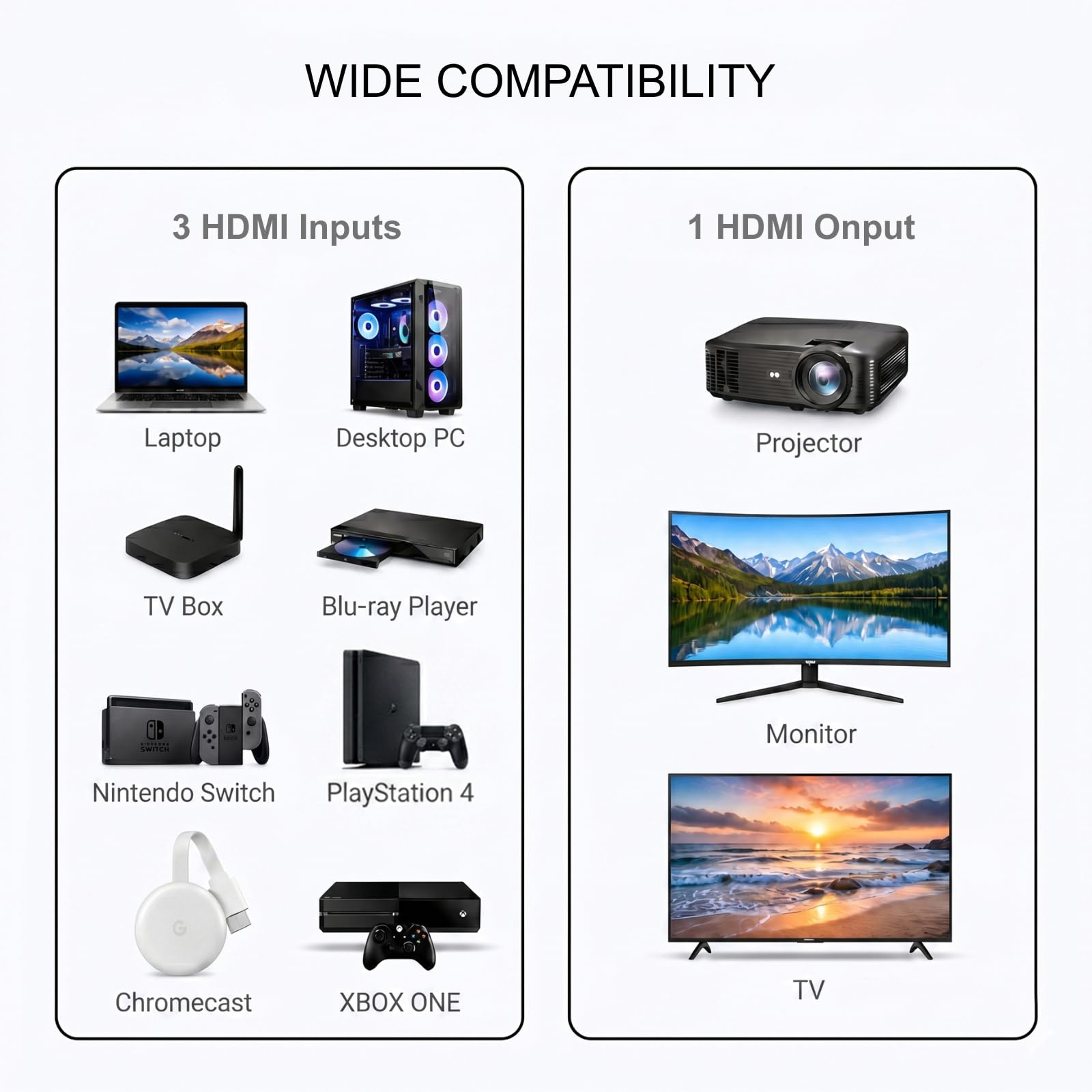 Switch HDMI 3 Porte, Commutatore HDMI 4K 30Hz con Cavo da 56 cm, 3 Ingressi 1 Uscita, Splitter HDMI Hub, Auto & Manual Switch, per PS4, Xbox, Sky Q, Fire Stick, Roku, PC, TV, Monitor