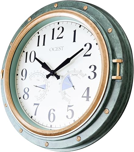 Miniatura 6 de OCEST Reloj de pared para interiores y exteriores de 16 pulgadas, resistente al agua, con termómetro higrómetro, silencioso, sin tictac, funciona
