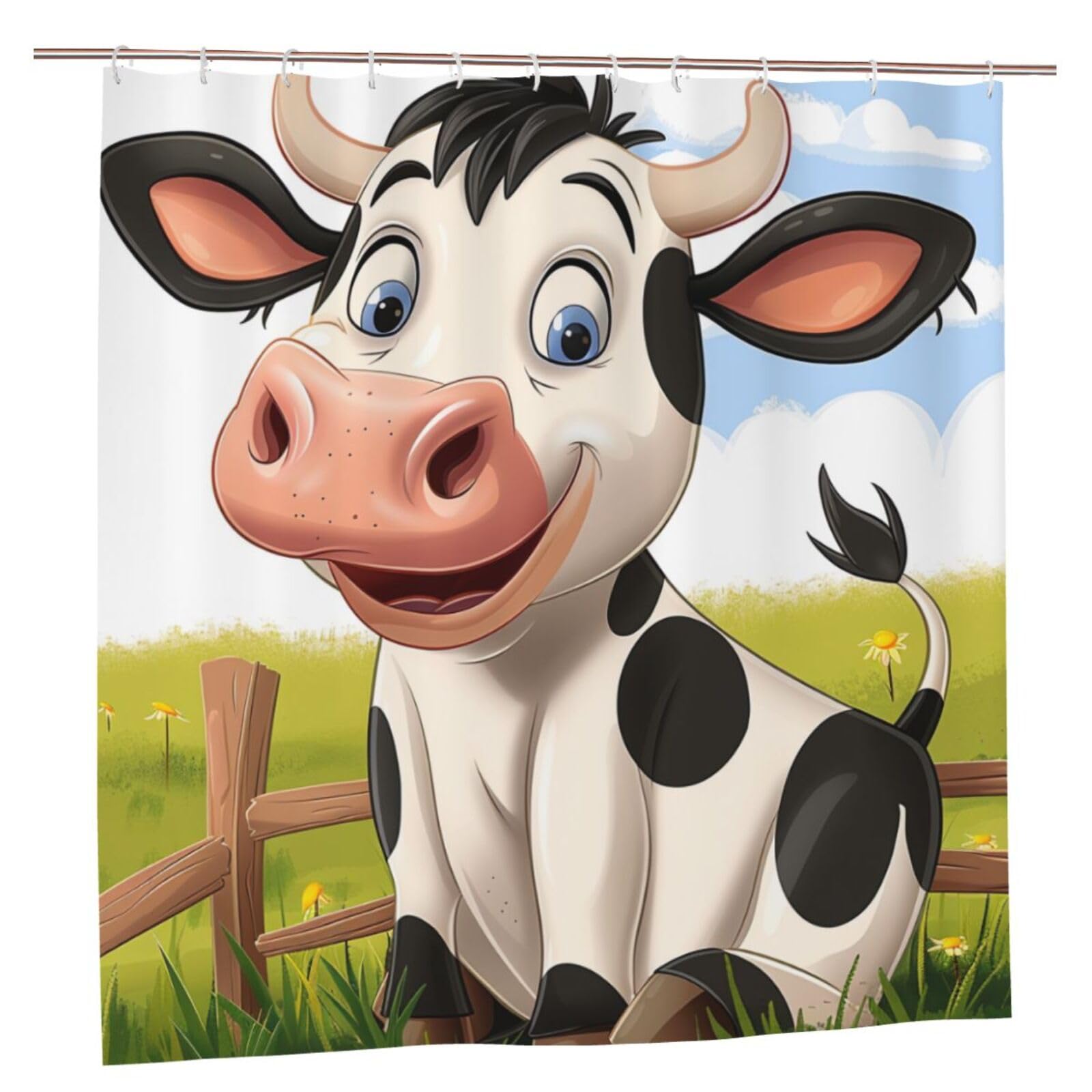 BWWHCCTI Cartoon Milk Cow Printed Shower Curtain With 12 Plastic Hooks Opaque Quick Drying Waterproof Shower Curtains Sets For Bathroom 183x183 CM