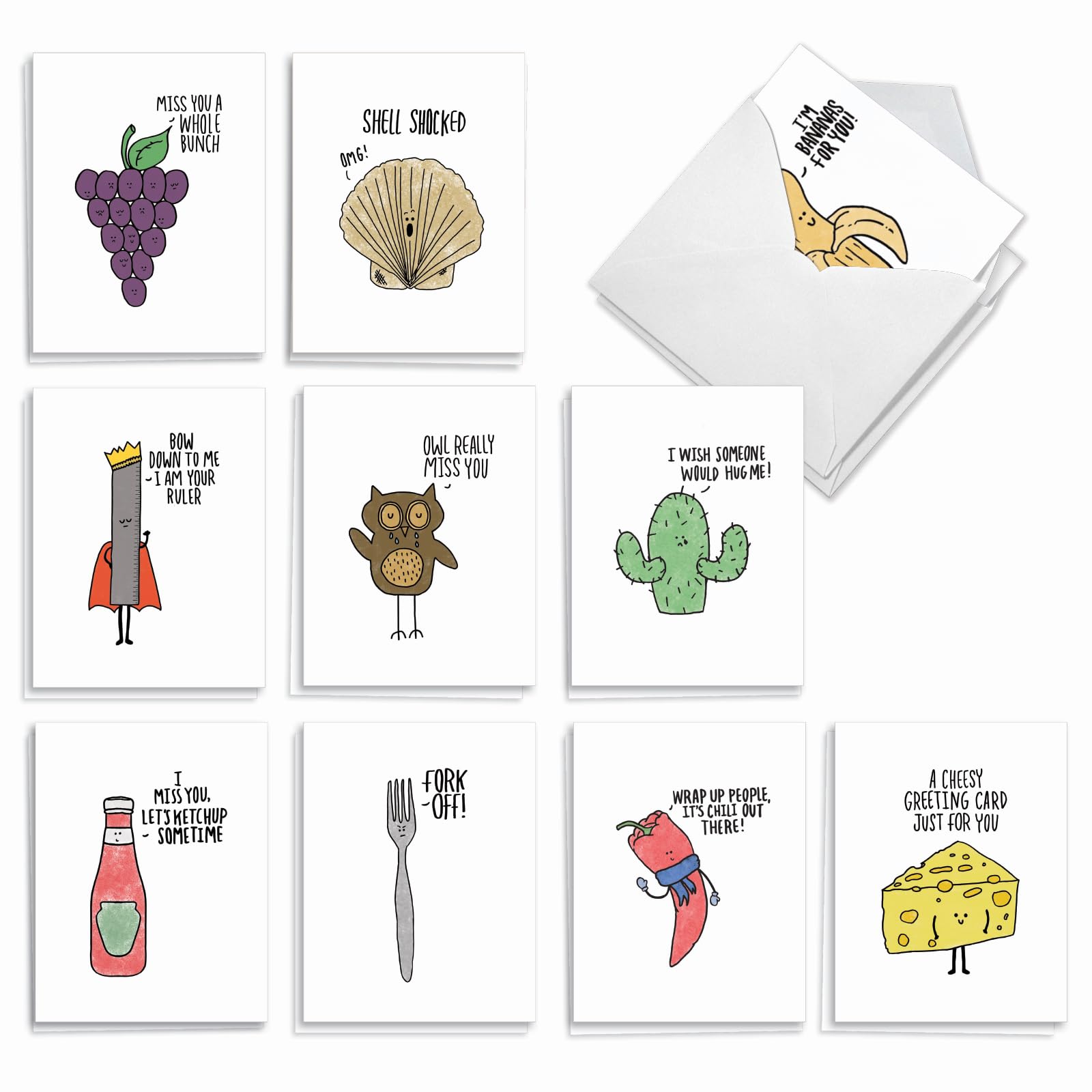 Best Card Co 20 Mini Fun Puns Cartoon Assorted Notecards AM2975OCB-B2x10
