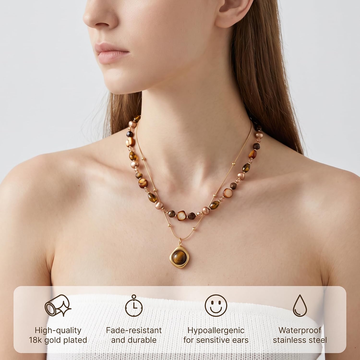 Gold Tigers Eye Layered Beaded Necklace for Women, Adjustable Chain