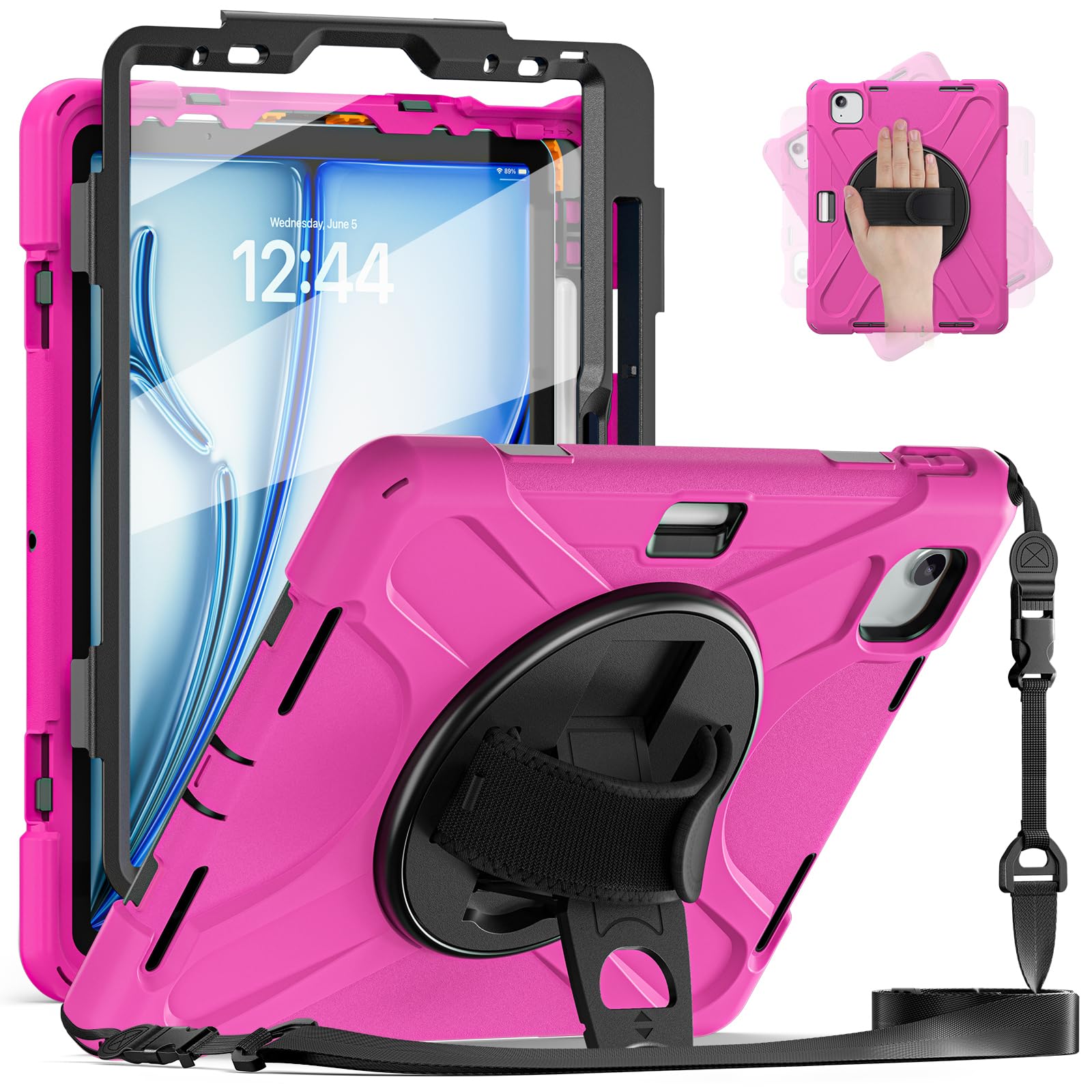 Funda para iPad Air 11 M3 M2 rosa con protector de pantalla y correa 8