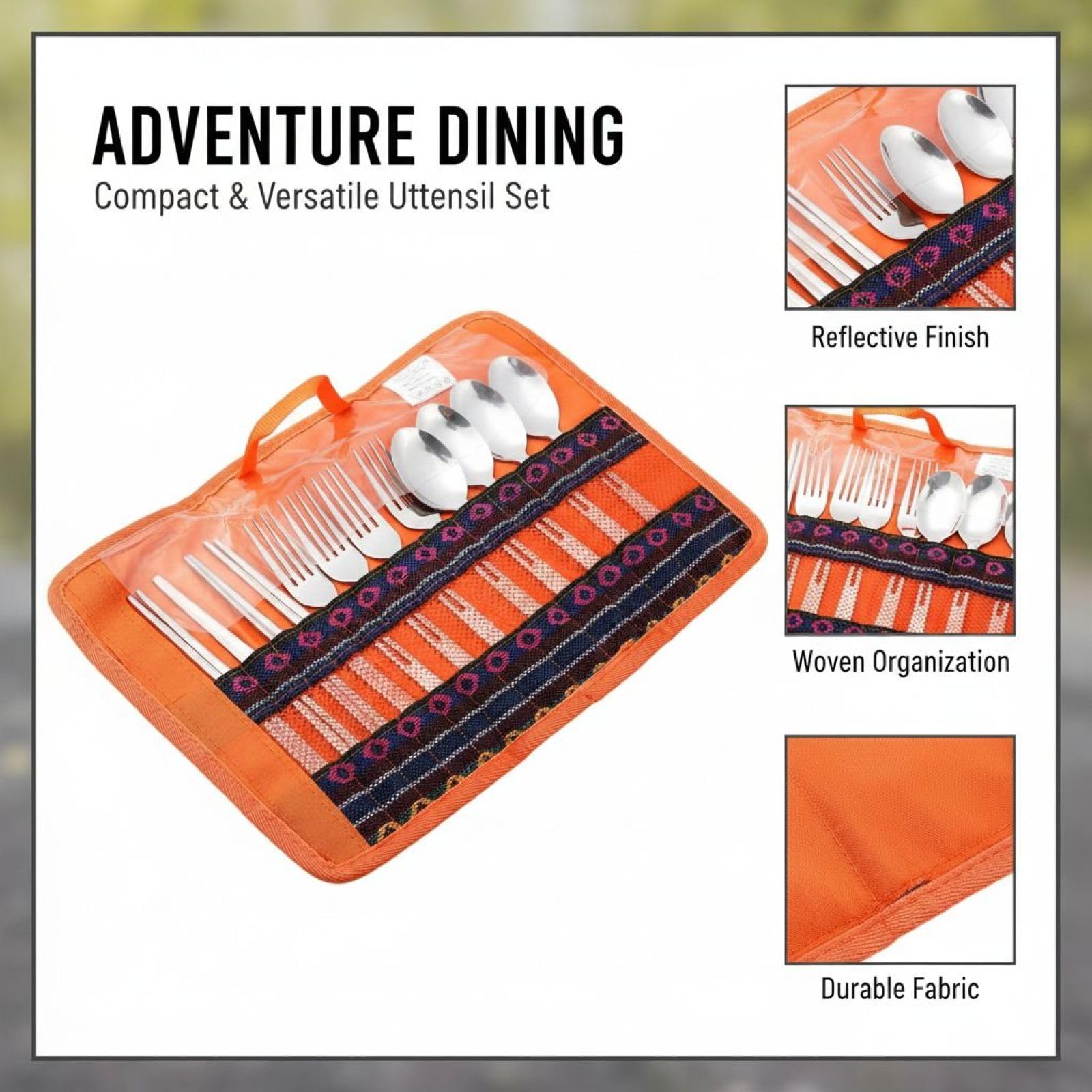 4-Personen Outdoor-Besteckset, tragbares Camping-Besteck aus Edelstahl, mit Gabeln, Löffeln und Essstäbchen, Roll-up Reise- und Picknicktasche im Ethno-Stil, kompakt, 90 x 245 mm, für BBQ und Wandern