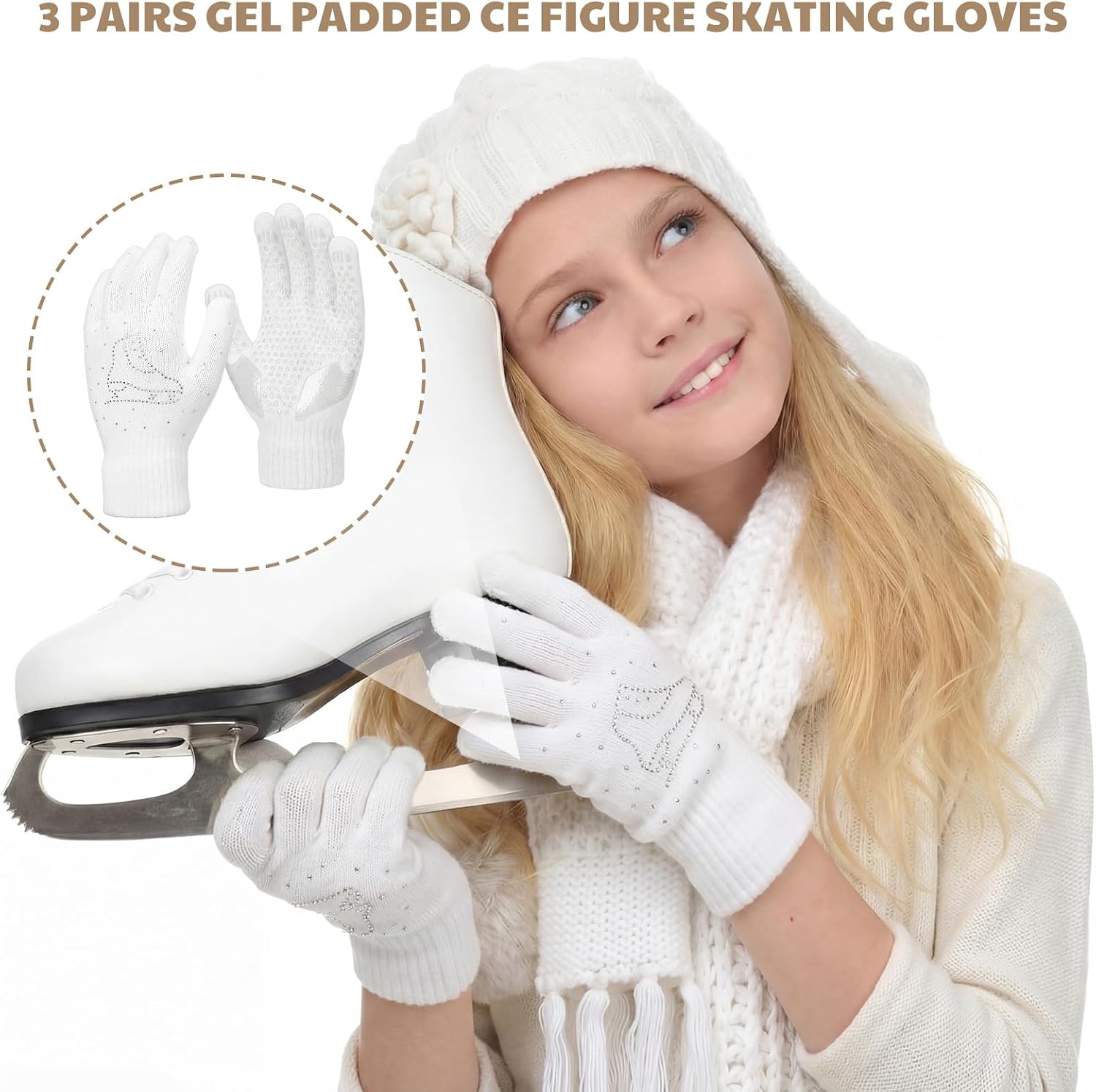 Toulite 3 Pairs Figure Skating Gloves for Kids Thick Non Slip Gel Winter Ice Skating Glove for Girls with Rhinestone Crystals