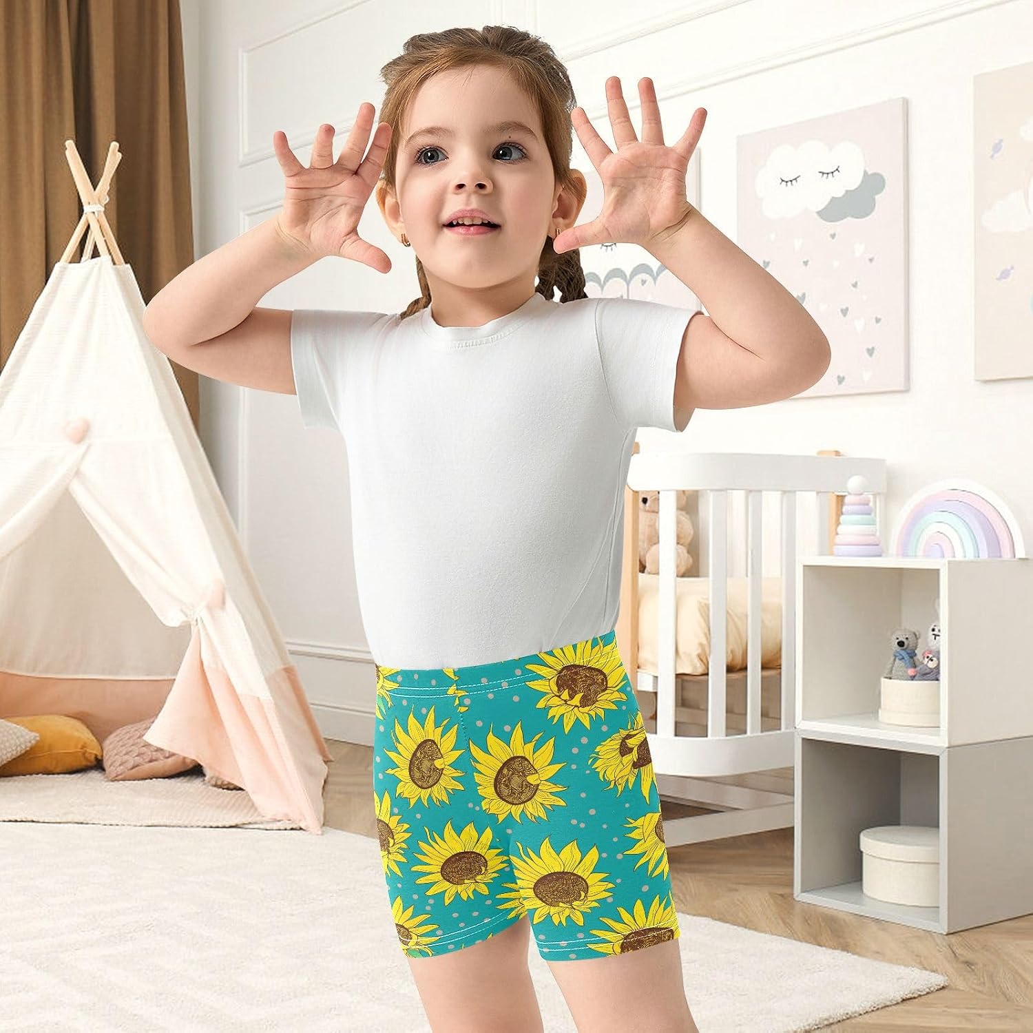 Sunflower Polka Dot Teal Girls Bike Shorts Toddler Soft Cotton Cartwheel Under Dress Dance Shorts