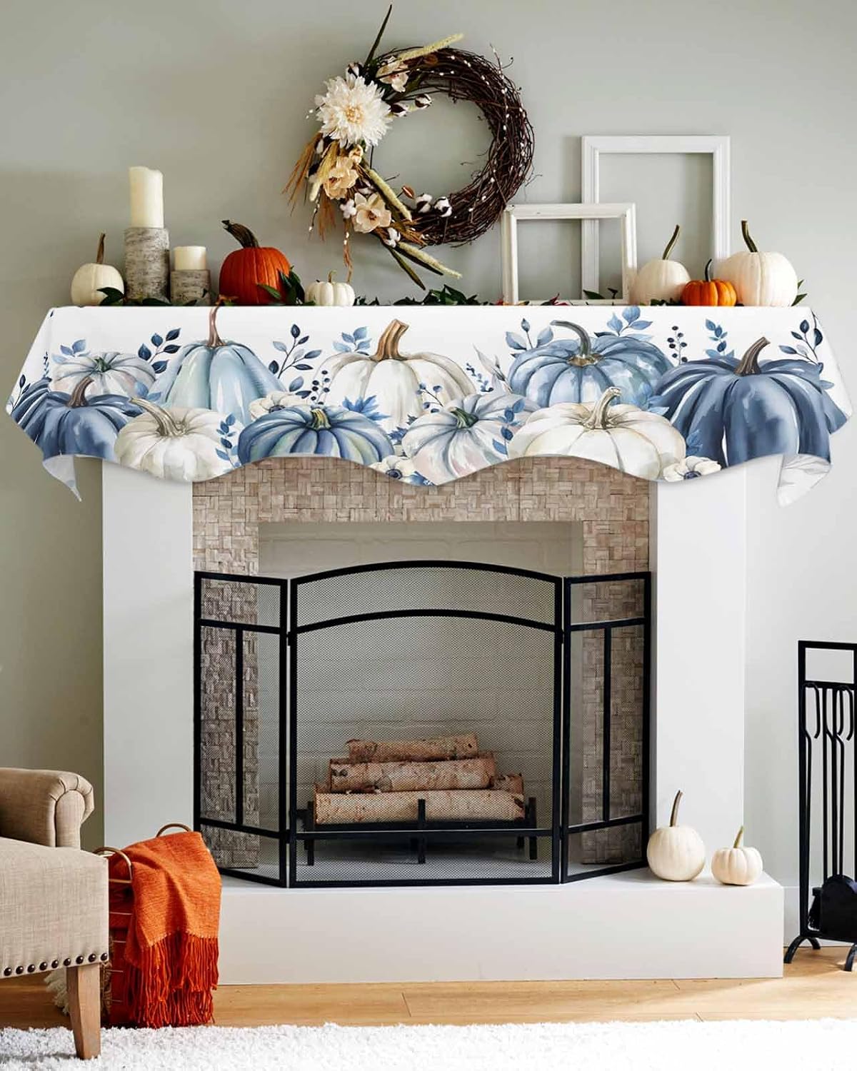 Fall Fireplace Scarf Blue White Pumpkin Mantel Scarf Mantel Shelf Top Scarves Flowers Eucalyptus Leaves Harvest Thanksgiving Mantel Cover Runner for Autumn Holiday Living Room 90x17 Inch