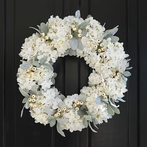 Cream Hydrangea Wreath for Front Door Outside, 16 Inch Wedding