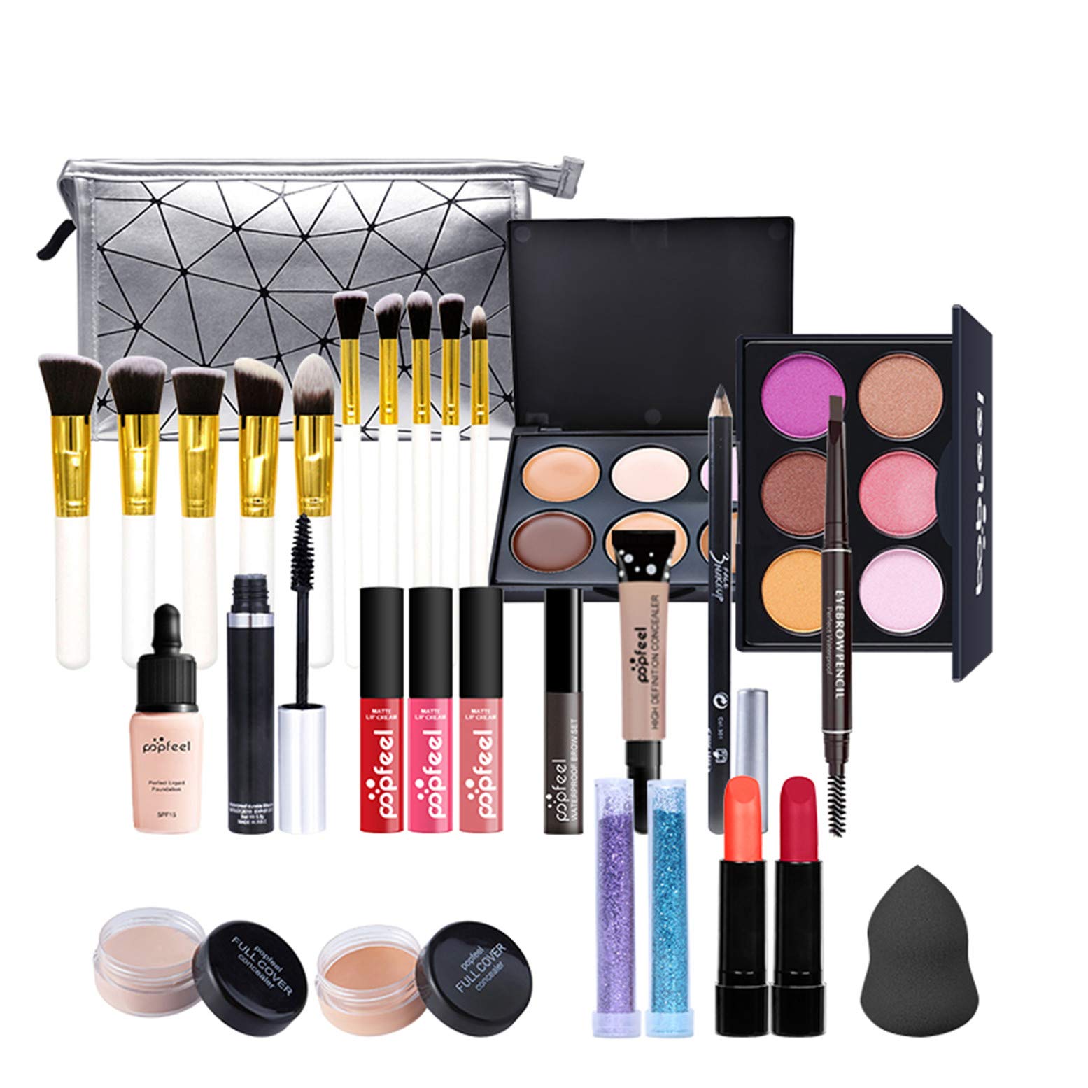 All-in-One Holiday Gift Surprise Makeup Set Essential Starter Bundle Include Eyeshadow Palette Lipstick Concealer Blush Mascara Eyeliner Face Powder Lipgloss Brush - Full Makeup Kit for Women