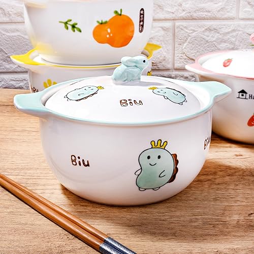 Miniatura 4 de Bonito cuenco de fideos de cerámica con tapa, cuenco de fideos instantáneos con tapa, doble oreja con tapa, cuenco para sopa de ramen apto para