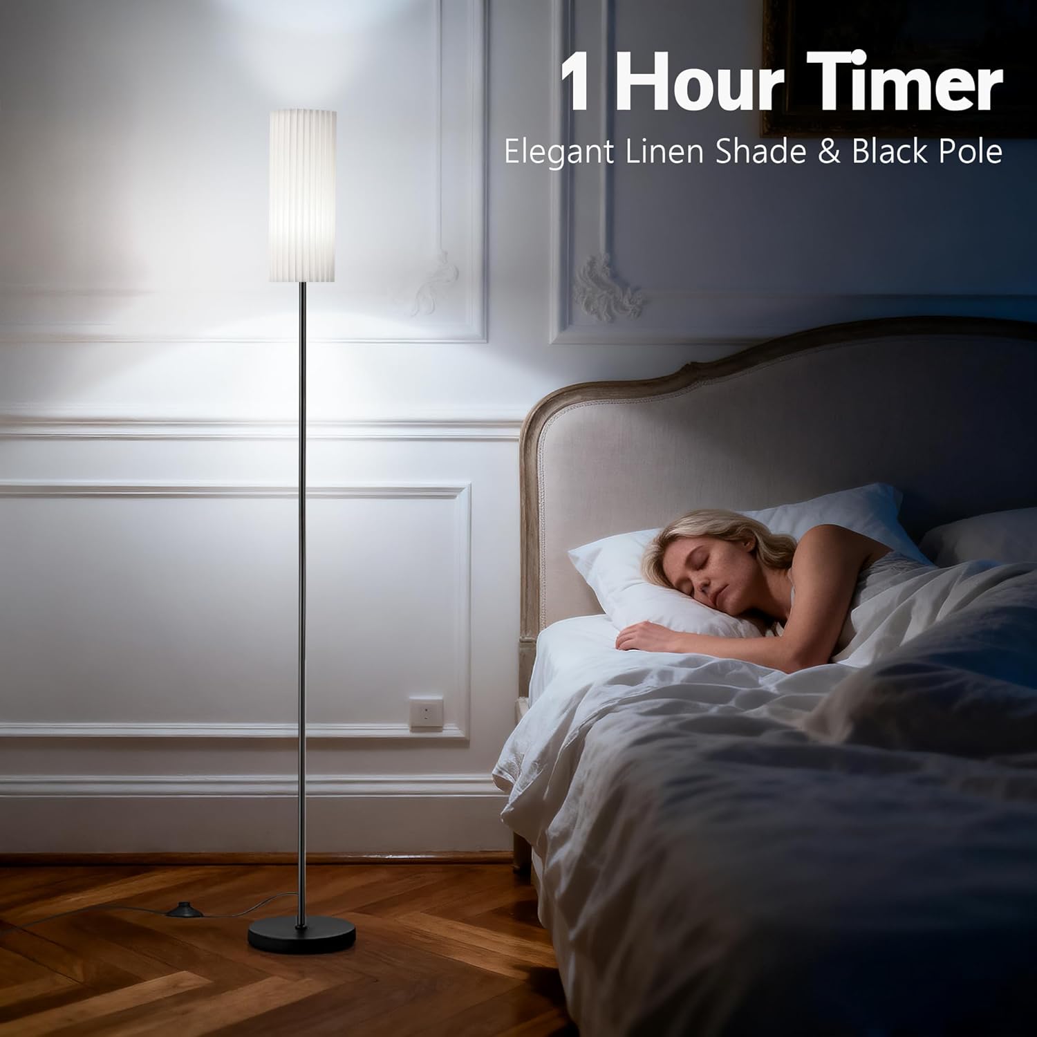 68" Modern Floor Lamp with 3 Color Temperatures, Foot Switch, Linen Shade & Black Metal Pole – Tall Standing Lamp for Living Room, Bedroom, or Office – LED Bulb Included, Easy Assembly (White)