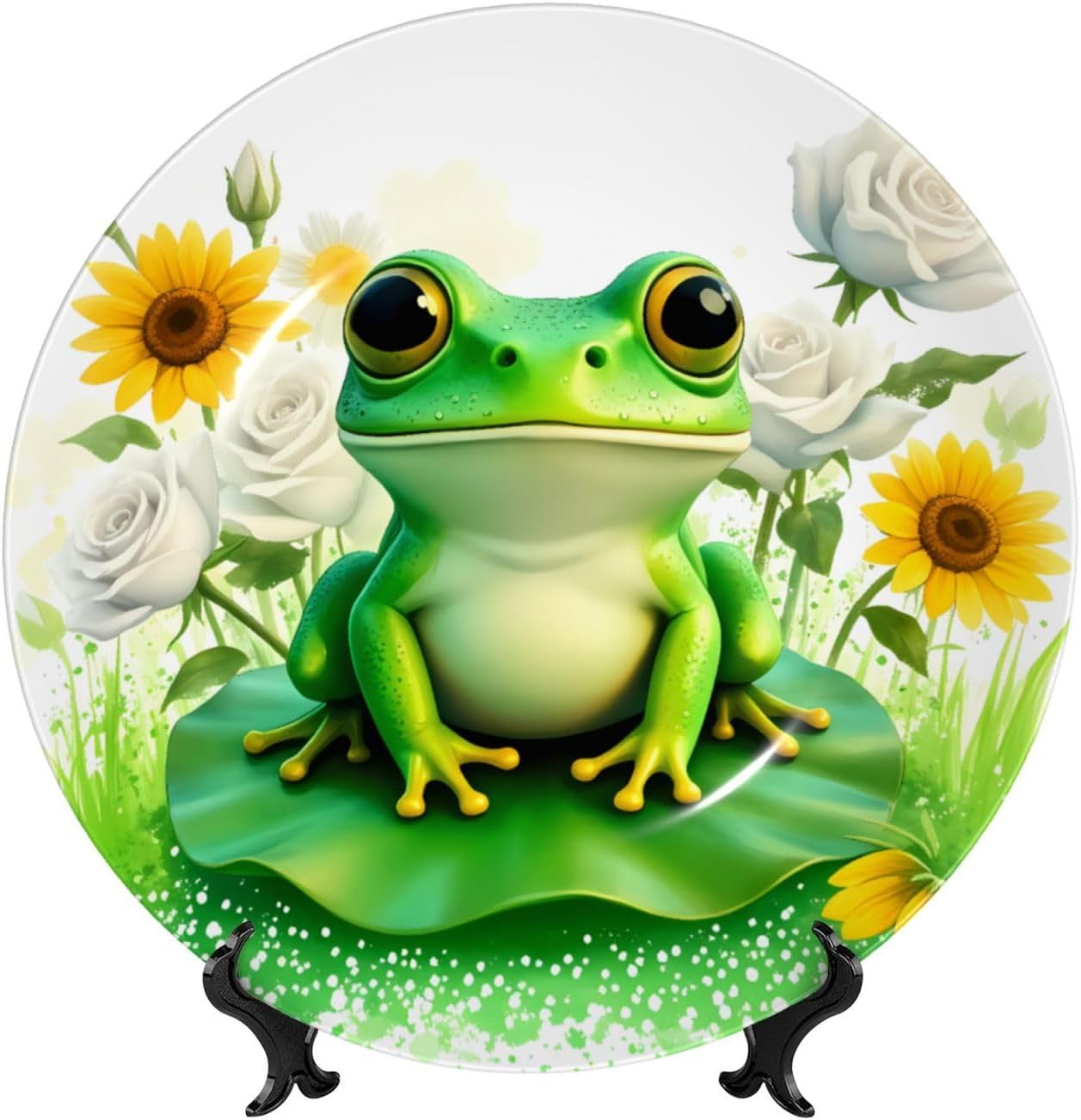 Frog On Lily Pad With Flowers Style Ceramic Plate Display Decorative Plate With Stand Wall Hanging Plate For Home Decor 10 Inch