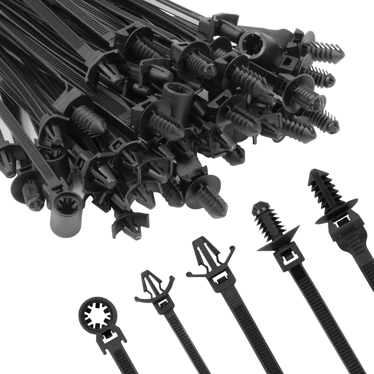 Armpow 110 PCS Automotive Installation Black Push Mount Cable Zip Ties Assorted Sizes, Heavy Duty Self-Locking UV Resistant Wire Ties - For Indoor Wire Bundling, Construction, Automotive