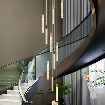 Qcyuui Extra Large Ceiling Light for Staircase, Modern Minimalist Gold Chandelier with Adjustable Hanging Cord, Crystal Pendant Ceiling Lamp for Hallway Living Room Dining Room [Energy Class E]