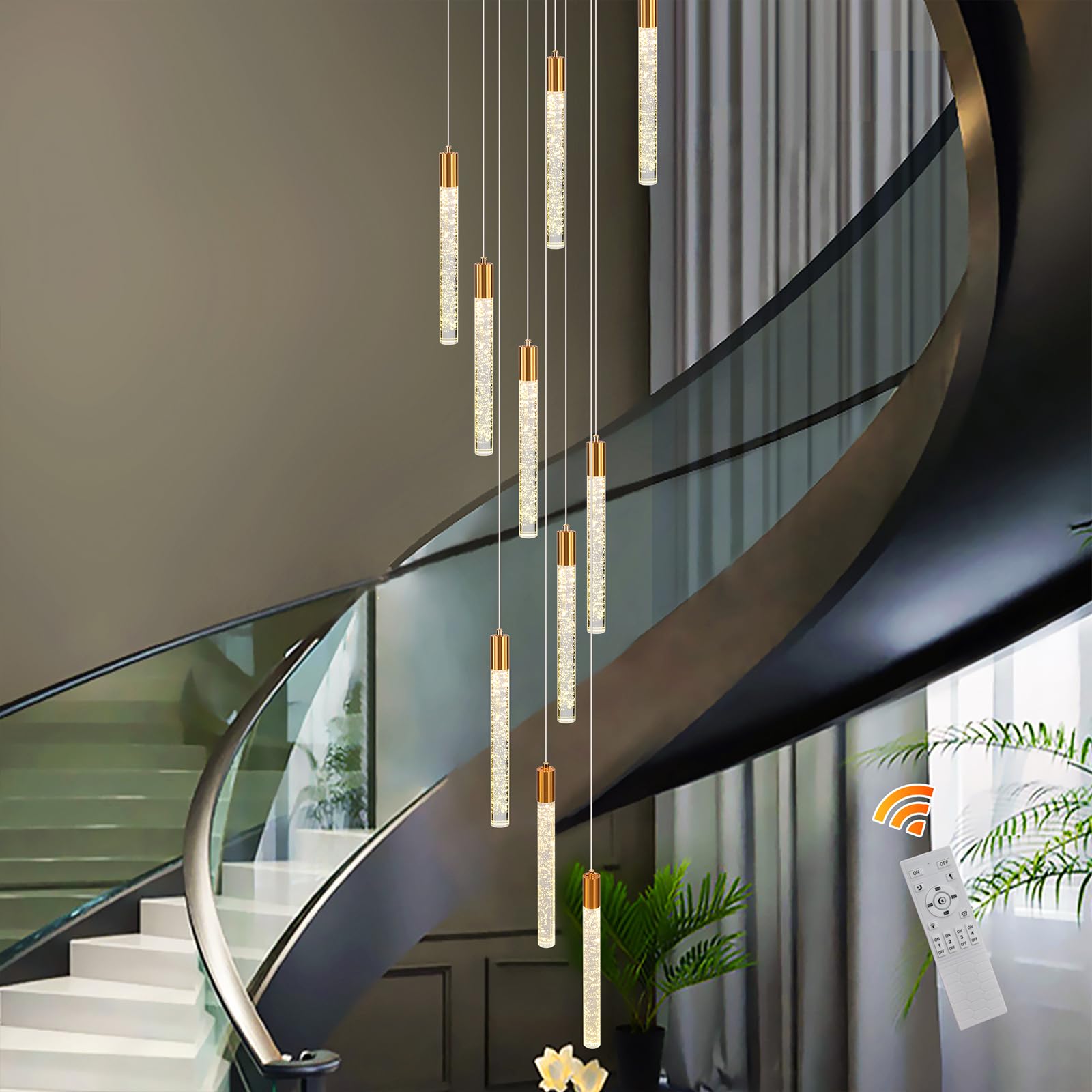 Qcyuui Gold Kristall Pendelleuchte, Dimmbare LED Treppenhauslampe | Modern-Minimalistische Deckenleuchte für Hohe Decken, Wohnzimmer und Esszimmer,Extra Groß und Höhenverstellbar