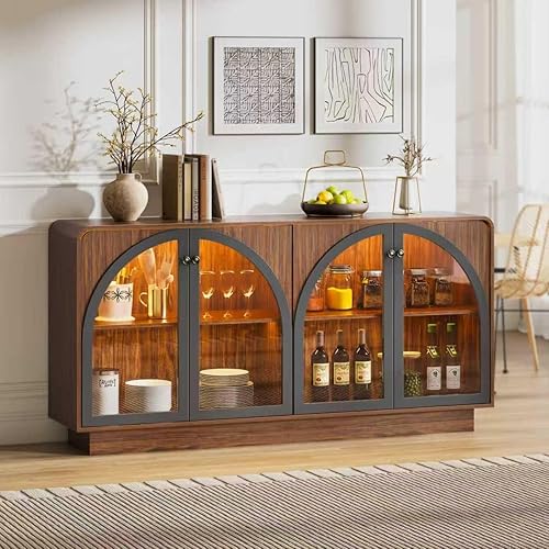 68" Buffet Cabinet with Storage Sideboard Accent Modern Credenza with Arched Glass Doors & Shelves, Liquor Coffee Bar Cabinet W/LED Light, Large Buffet Console Table for Kitchen Hallway