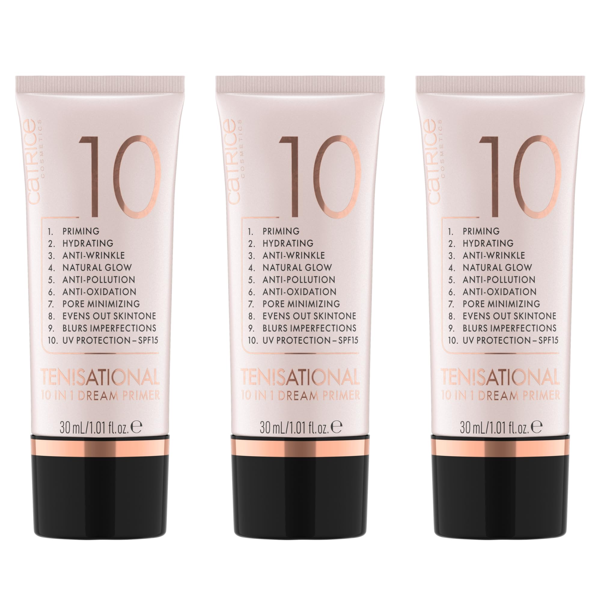 Catrice Ten!sational 10 in 1 Dream Primer, Nude, Anti-Aging, feuchtigkeitsspendend, natürlich, vegan, UVA- und UVB-Filter + SPF 15, ohne Parabene, Nanopartikel frei, 3er Pack (3x30ml)
