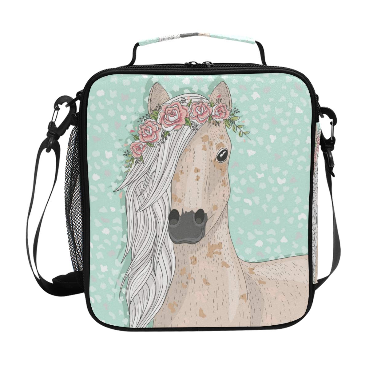 senya Insulated Lunch Box Horse Flower Large Lunch Bag Warmer Cooler Meal Prep Lunch Tote with Shoulder Strap for Women Boys Girls