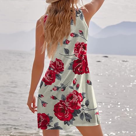 Women's Summer Floral Tank Dress - Loose Sleeveless Tunic, Navy White Multi, Medium - View #10