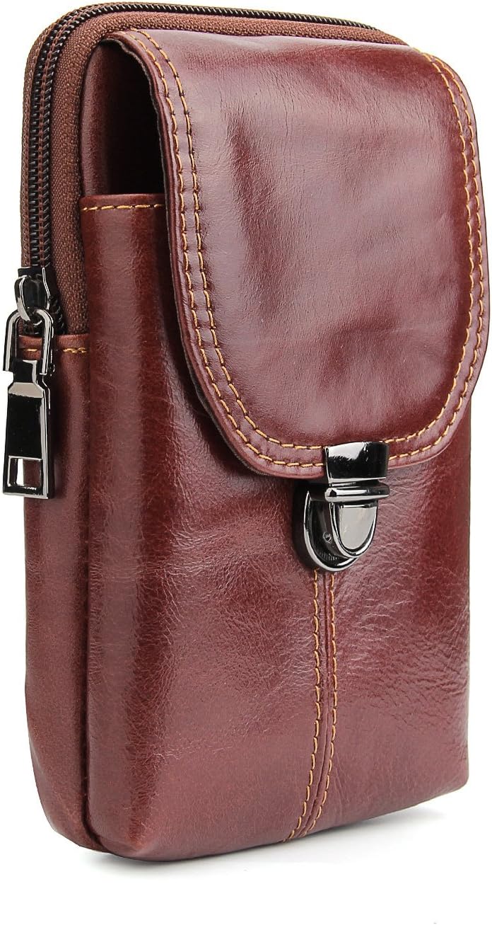 Genuine Leather Vertical Belt Loop Holster Case Belt Waist Bag, Men Small Travel Messager Pouch Pack Cellphone Holster Purse Wallet for Apple iPhone Samsung Galaxy and Other Smartphone (Brown-03)
