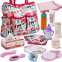 Bakatatoyz 14 Pack Baby Doll Accessories Feeding Caring Set with Magic Bottles Diaper Bag Changing Mat Pretend Play Toddler Girls Gift