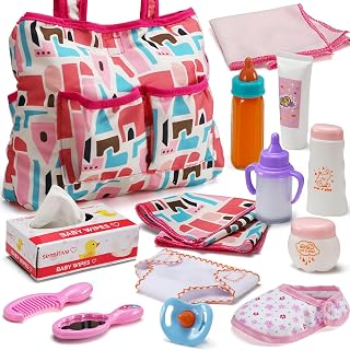Bakatatoyz 14 Pack Baby Doll Accessories Feeding Caring Set with Magic Bottles Diaper Bag Changing Mat Pretend Play Toddler Girls Gift