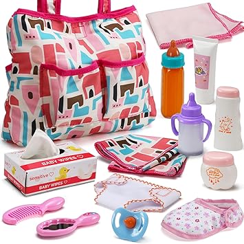 14 Pack Baby Doll Accessories, Baby Doll Feeding and Caring Set Includes Diaper Bag, Doll Diapers, Magic Bottle, Changing Mat for Girl Toddler Kid, Babies Pretend Play Set for Birthday Gift Christmas