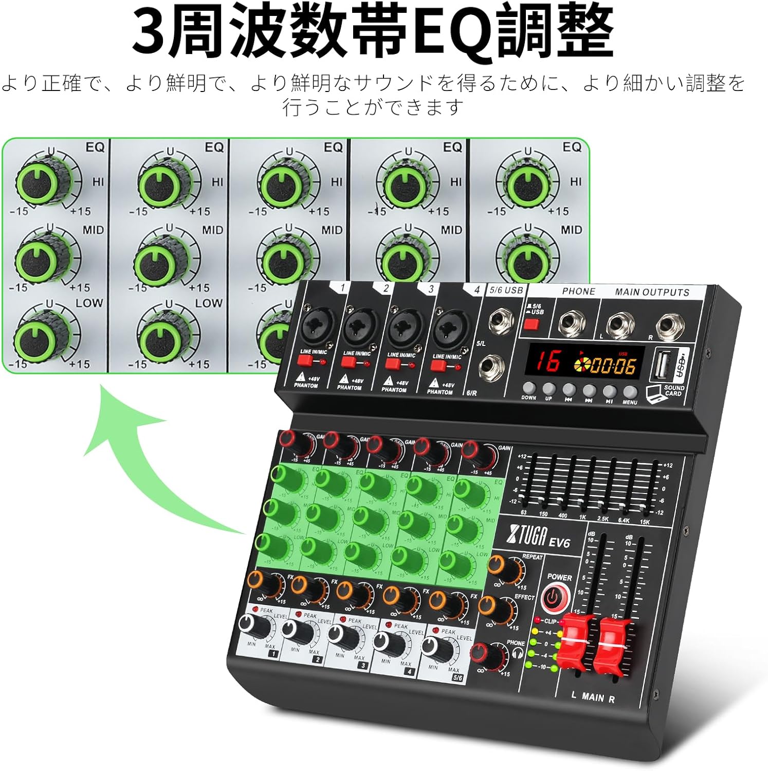 Нарийвчилсан view of the 3-band EQ controls for each channel on the XTUGA EV6 mixer