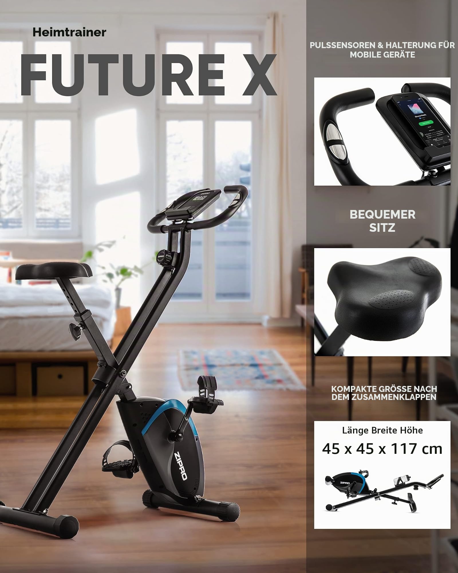 ZIPRO Ergometer Heimtrainer Fahrrad Klappbar mit 8 Magnetische Level, Pulsmessung, LCD-Monitor und Komfort-Sattel, Leise Hometrainer Fahrrad, Cardio Geräte für Zuhause, Fitnessbikes (Future X)