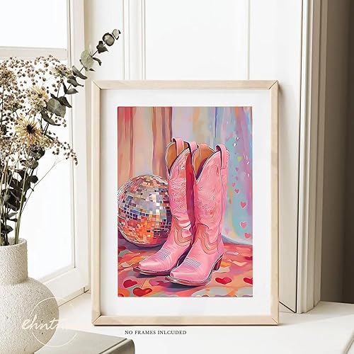 Miniatura 3 de 2 pósteres de sombrero de vaquero de bola de discoteca rosa, arte de pared, botas de vaquero preparadas, decoración de lienzo, cuadros de lienzo