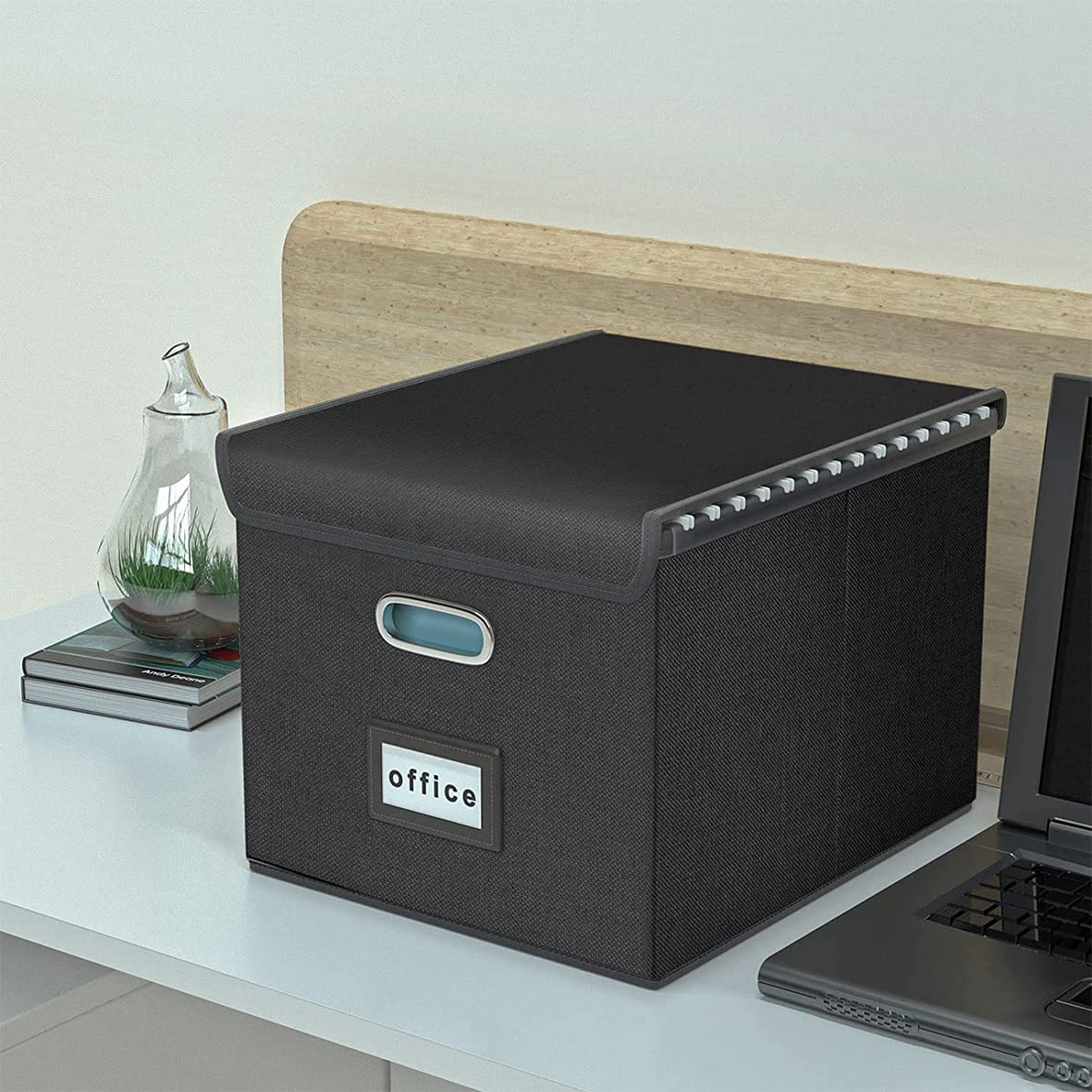 Okydoky Scatole di archiviazione con coperchio, Scatola per file sospesi A4 realizzata in fibra di legno e carta con elegante aspetto lino, adatta per casa e ufficio, e scatole di archiviazione per