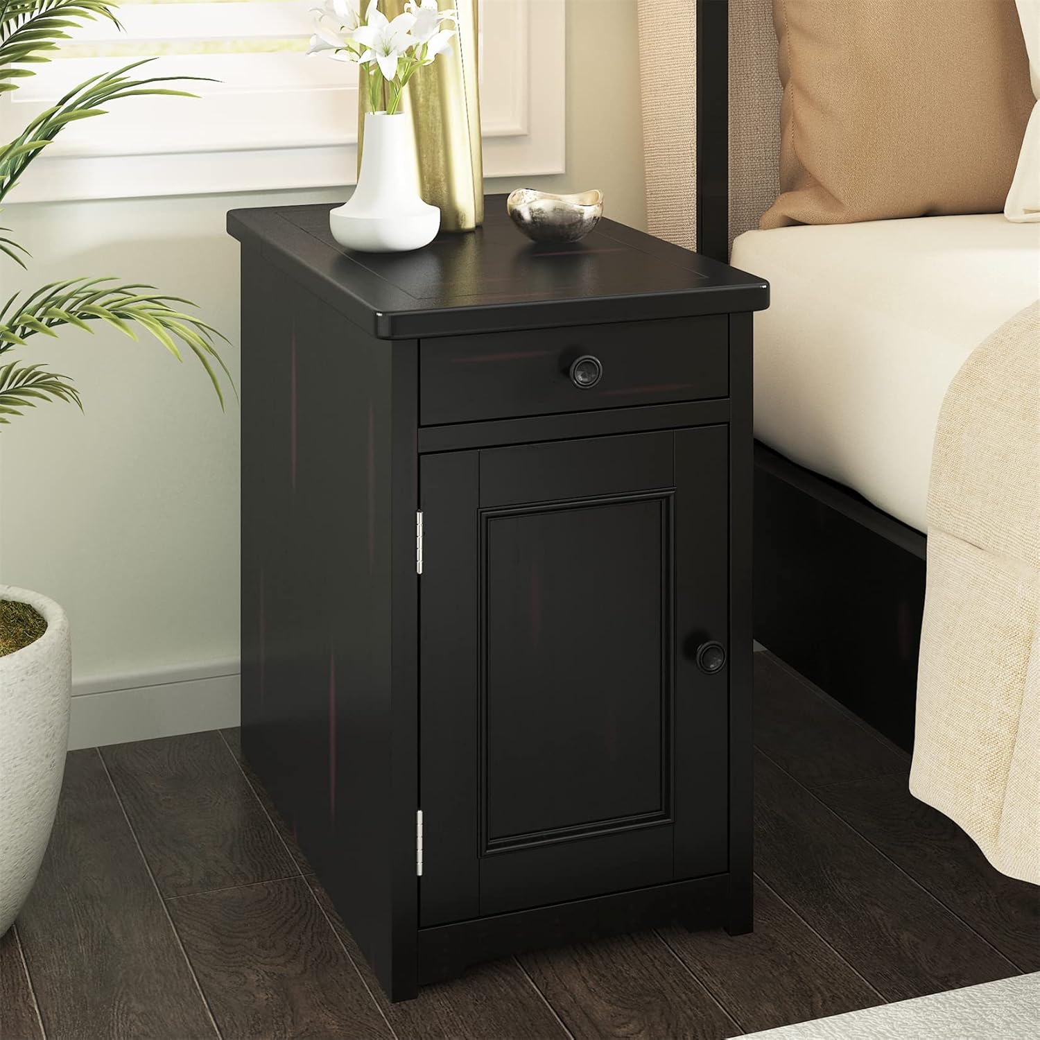 Nightstand with Charging Station, Modern Retro End Side Table with Storage Drawer and Cabinet for Bedroom Multi-Function Sofa Side Table for Living Room, Espresso