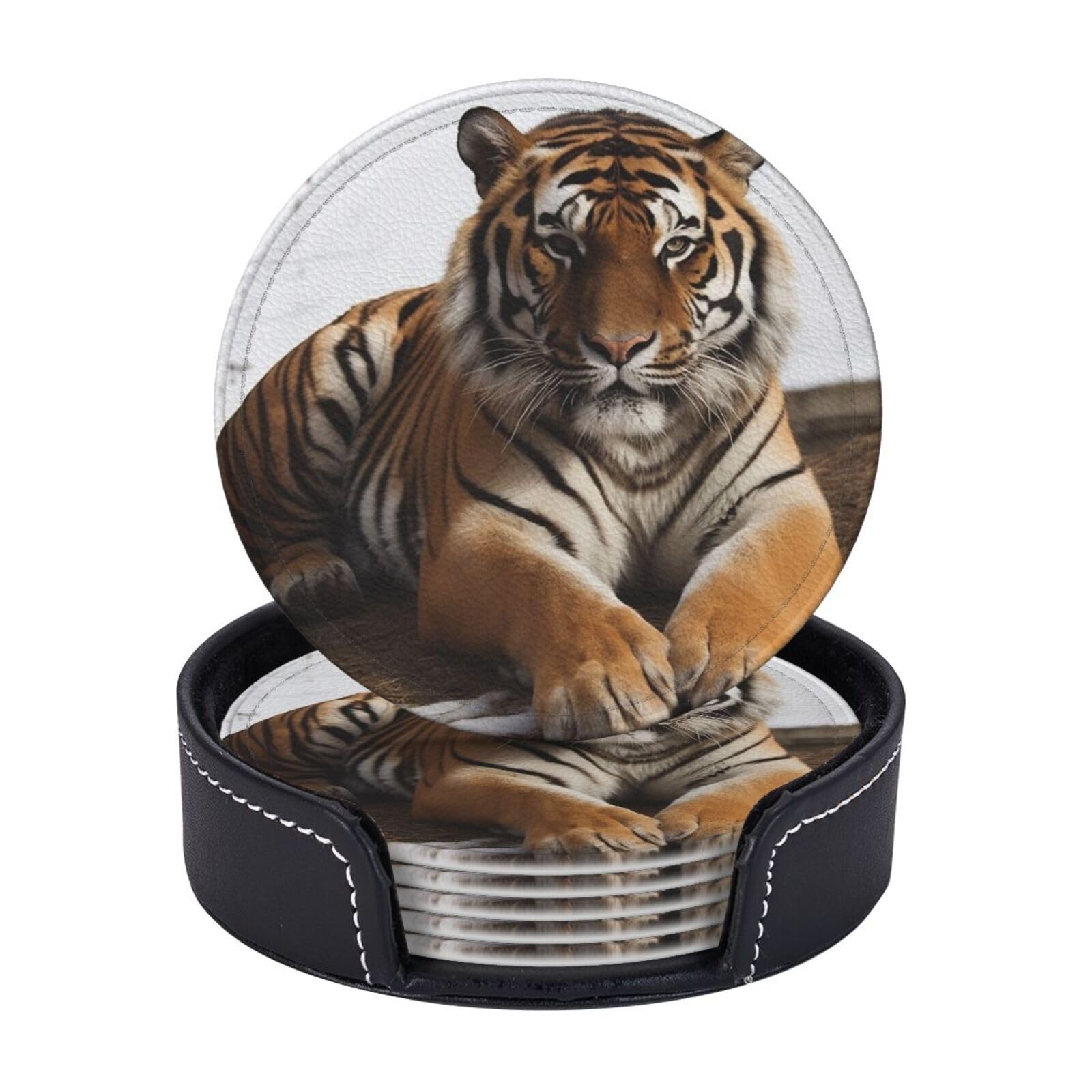 6Pcs PU Leather Coaster for Drinks, Big Tiger Cup Coasters with Holder, Aesthetic Drink Coasters for Coffee Table, Round Coaster for Tabletop Protection 4" Cup Mat Pad
