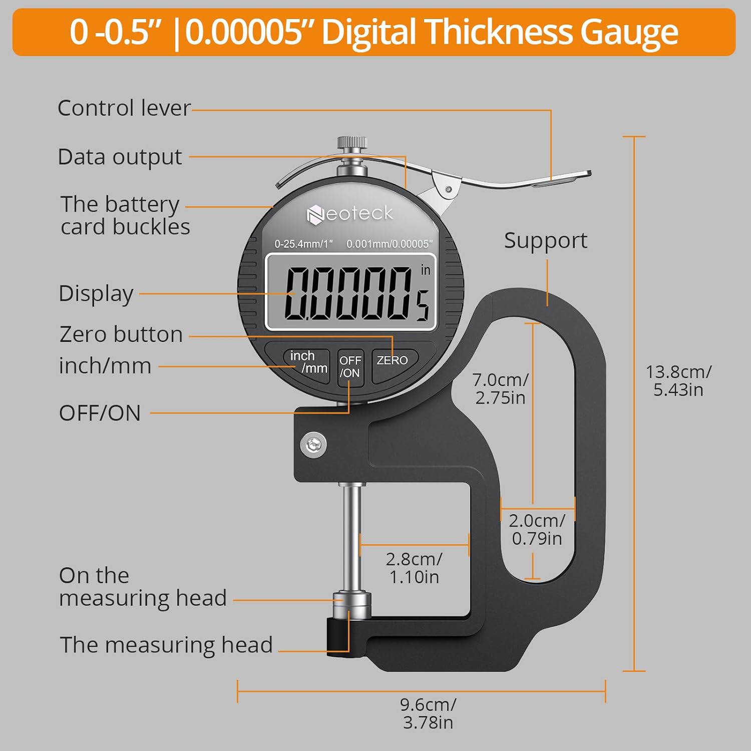 Diagram showing the components of the Neoteck Digital Thickness Gauge, including control lever, data output, battery compartment, display, zero button, inch/mm button, ON/OFF button, support, and measuring head with dimensions.