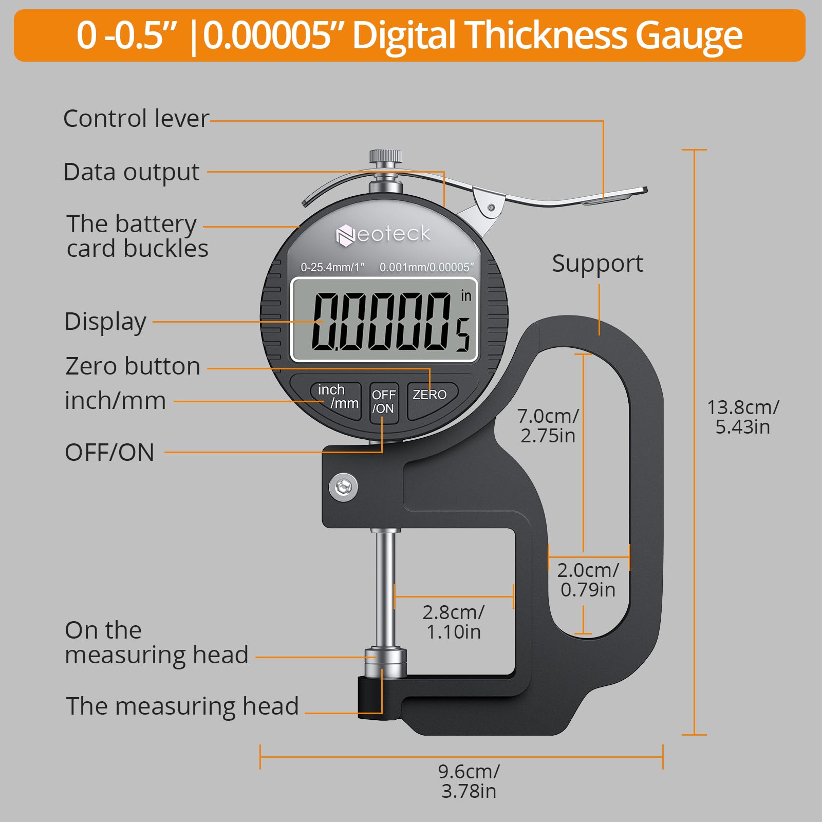 Neoteck Medidor de Espesor Digital 0-25.4mm Medidor de Grosor Portátil 0.001/0.00005'' Calibrador de Grosor con Conversión de Pulgadas/Métrica y Apagado Automático para Cuero Papel Telas Cable-Negro