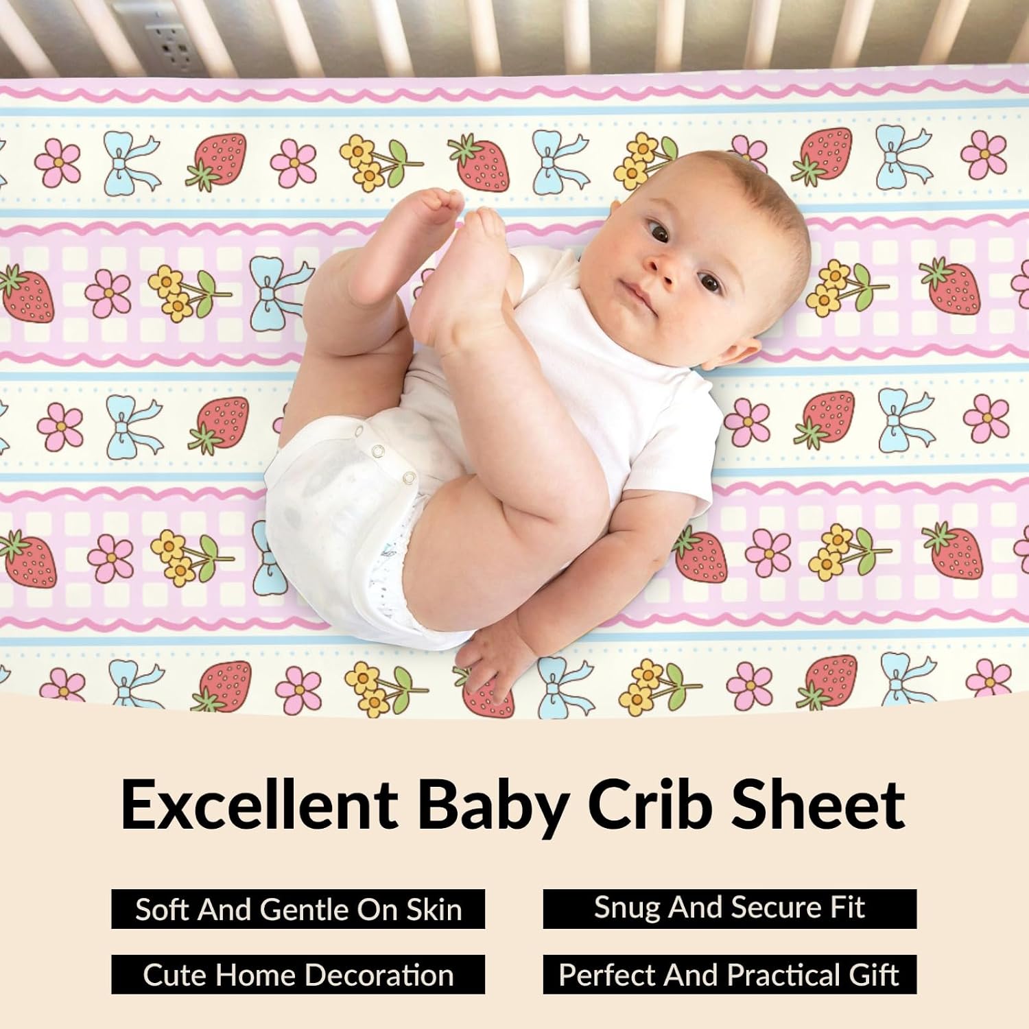 Boho Strawberry Floral Baby Boys Girls Crib Sheets Cute Strawberry Bows Striped Toddler Bedding Bed Sheets Summer Fruit Fitted Crib Mattress Cover for Standard Crib Mattress 28x52 in